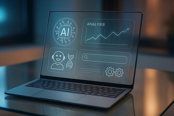 Futuristic laptop displaying advanced data analytics and artificial intelligence concepts