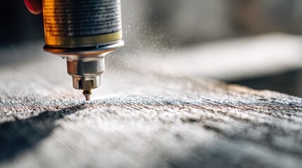 Detailed medium shot of aerosol paint covering rough wooden texture showcasing even coat and contrast between sharp spray tip and soft surrounding blur.