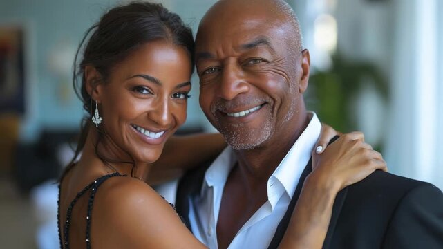 Couple smiling at a luxurious venue during an elegant evening event, showcasing joy and connection in a vibrant atmosphere