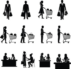 Silhouettes of people shopping, carrying bags, pushing carts, making payments, retail store scenes, customer service, buying process, vector illustration.
