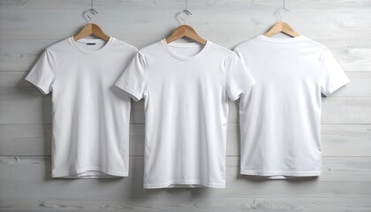 Three white t-shirts on hangers against a light wooden wall
