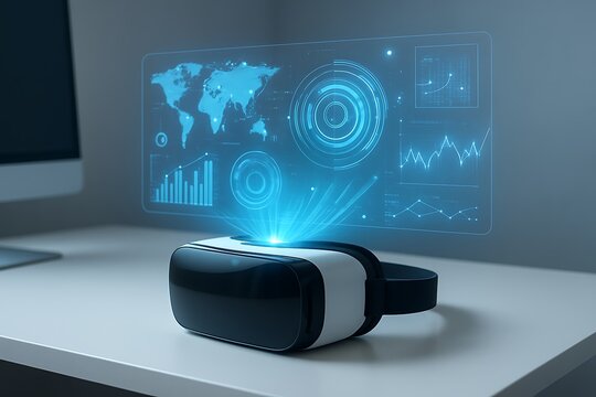 Virtual reality headset projects futuristic holographic data display