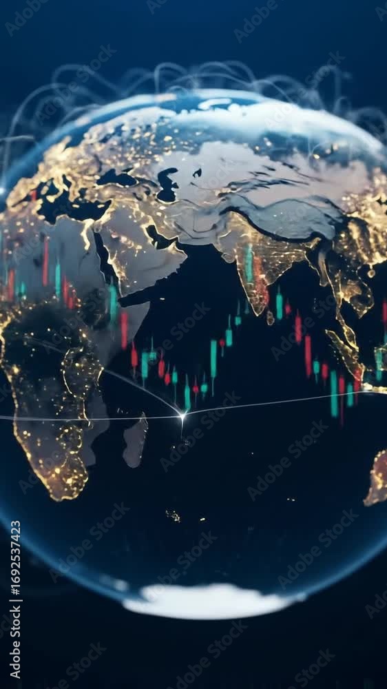 Poster global network visualization of financial data on rotating earth in blue background with global conn
