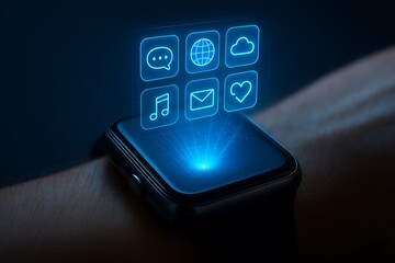 Smartwatch displaying holographic app icons with futuristic blue glow