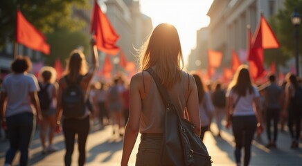 Woman walking down the street with a backpack protest
