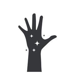 Isolated pictogram icon of clean hygienic hand with sparkling symbols, safety reminder sign for sanitation, healthcare, washing practice, personal hygiene awareness illustration.
