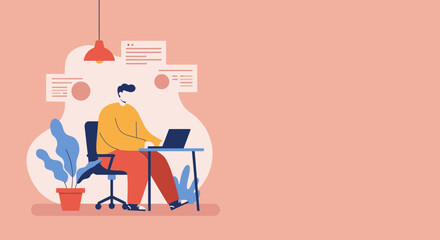 Professional working diligently on a laptop from a home office, surrounded by digital information. Illustrates modern work, business, or education.