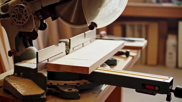 Precision Woodworking: A close-up View of Circular Saw in Action Cutting Wood Plank
