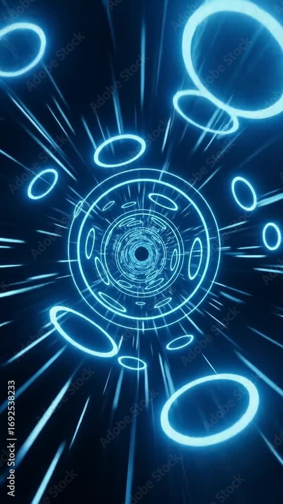 Poster abstract futuristic blue geometric tunnel with light streaks on a black background glowing neon circ