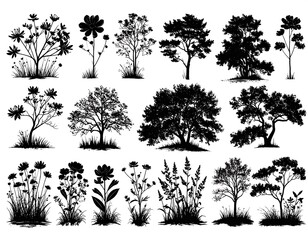Black and white silhouettes of various plants and trees