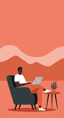 Young man working remotely on a laptop from the comfort of his home armchair, illustrating modern freelance or digital nomad lifestyle and online education.