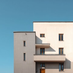 Obraz premium Light gray and tan residential building with minimalist detailing in daylight
