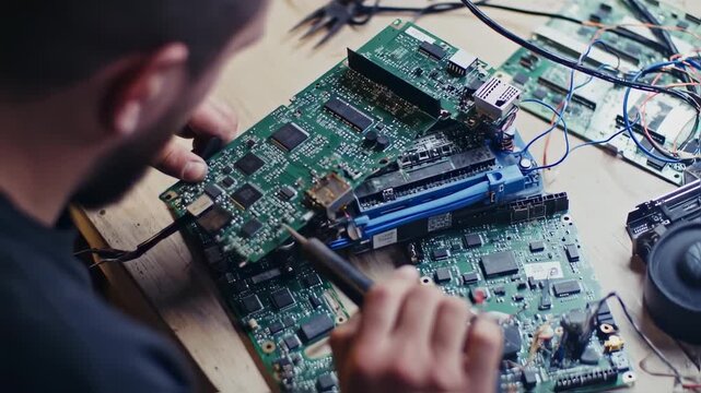 Electronic repair technician carefully soldering circuit boards in the laboratory for diagnostics