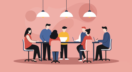 Diverse team collaborating in a modern office meeting. Professionals discussing ideas, working on laptops, fostering teamwork and productivity. Business concept.