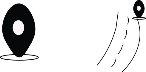 Two location pin icons one isolated and one on a road in a minimalist design style