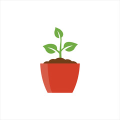 Minimal flat illustration of a young green plant growing in a red flower pot with soil. Perfect for gardening, growth, eco, environment, sustainability, and nature-related design concepts.