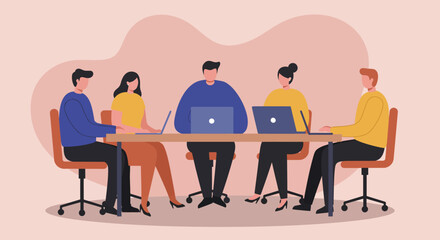 Diverse business team collaborating in an office meeting, working on laptops. Ideal for corporate, teamwork, and professional development concepts.