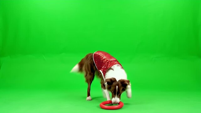 Energetic Border Collie dog in red coat playing with a red ring toy on green screen