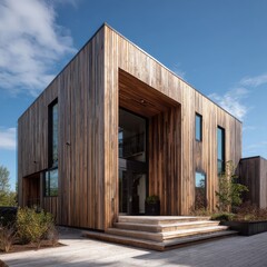 Fototapeta premium Light wooden cladding on contemporary house in open daylight setting