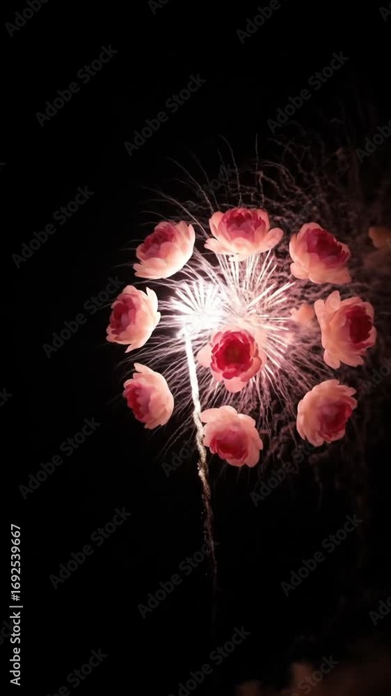 Poster night sky display of pink and white fireworks exploding in circular patterns against black backdrop 