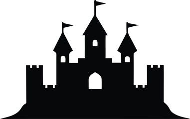 Obraz premium Silhouette of a Fortress with Towers and Flags, Historical Vector Art