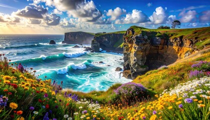 Vibrant coastal landscape showcases a dramatic cliff face, crashing waves, and a profusion of wildflowers under a bright, sunny sky.