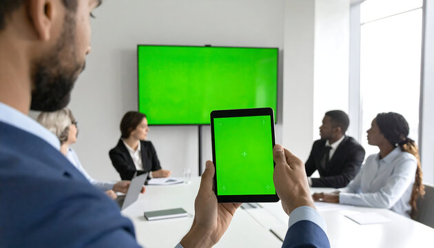 Man in a business suit presenting a green screen tablet to a diverse team in a modern office meeting room.