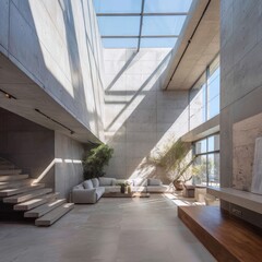 Light-flooded modern house with neutral theme and strong shadow play