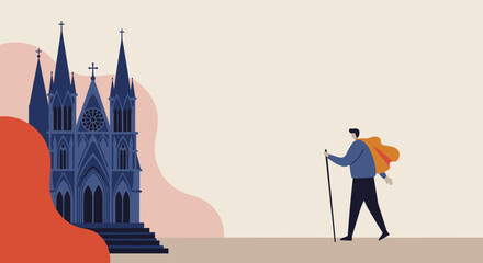 A lone traveler with a staff approaches a majestic Gothic cathedral, symbolizing a spiritual journey, pilgrimage, or cultural exploration. Ideal for travel, religion, and adventure concepts.
