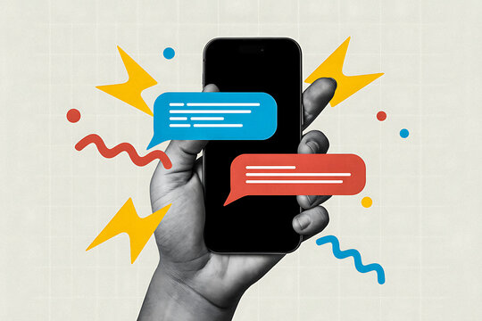 Mobile Messaging Illustration – Smartphone with Red and Blue Speech Bubbles and Abstract Communication Graphics