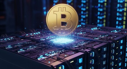 Bitcoin on Circuit Board - Digital Currency and Technology Concept.