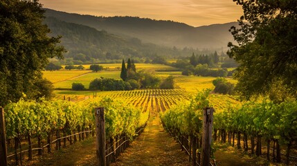 Fototapeta premium A picturesque vineyard bathed in golden sunlight, portraying tranquility and natural harmony.