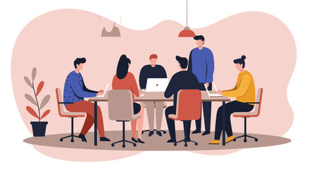 Diverse business team collaborating in a modern office meeting room. Professionals discuss ideas and work on laptops, showcasing teamwork and productivity in a corporate environment.