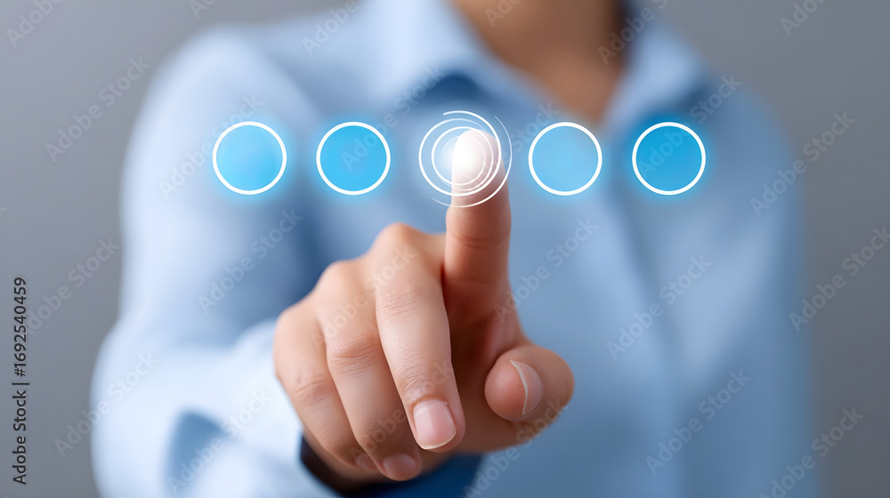 Poster closeup of a businessman's hand touching and navigating a digital business interface with various ic
