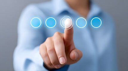 Obraz premium Closeup of a businessman's hand touching and navigating a digital business interface with various icons and controls.