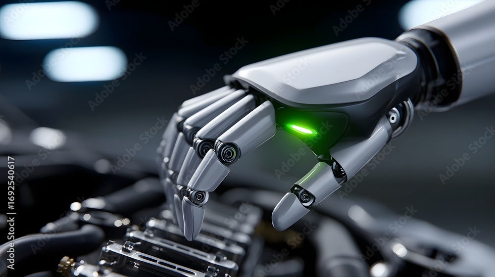 Poster detailed close-up view of a sleek, futuristic robotic hand with advanced mechanical components and g