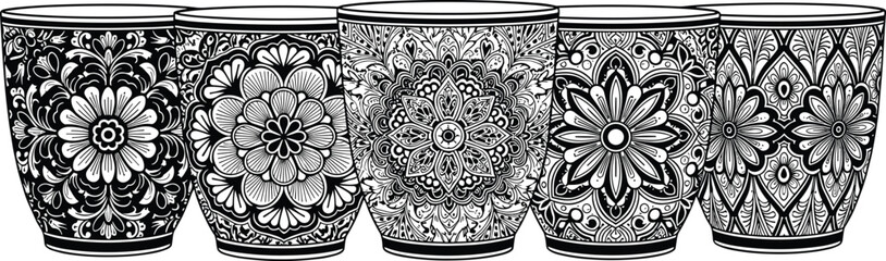 Floral mandala flower pots set, decorative ceramic planters, black and white intricate pattern, boho home decor, ornamental vector art