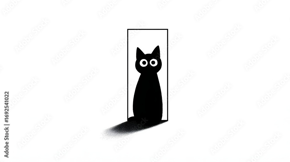 Poster a simple, minimalist image of a black cat silhouette peeking out from behind a doorway, creating an 