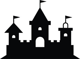 Obraz premium Castle with Tower and Flags Silhouette Vector, Medieval Fortress Icon
