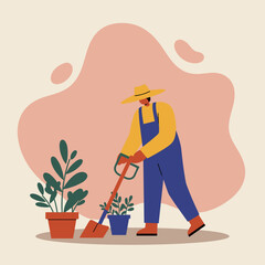 A person in overalls and a straw hat diligently gardening with a shovel, surrounded by potted plants. Represents home gardening, sustainable living, or a peaceful hobby.