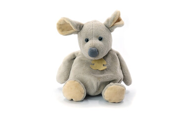 Soft plush toy in the shape of a gray mouse, photographed on a clean white background