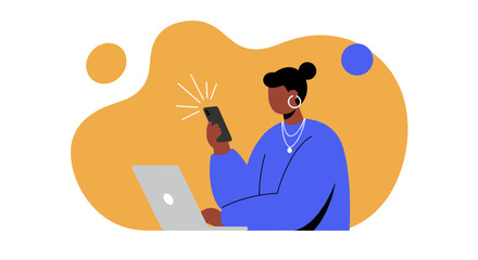 Person engaged with smartphone and laptop, illustrating online communication, content creation, or multitasking in a digital world. Modern lifestyle and technology.