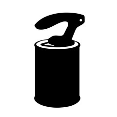 Minimalist black silhouette of a can opener with rotating handle and cutting wheel