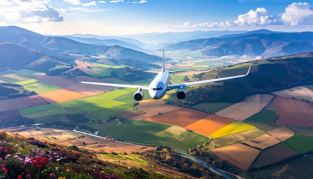 Airplane soaring over colorful countryside landscape - Powered by Adobe