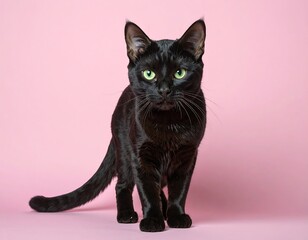 Obraz premium Black cat centered against pink background