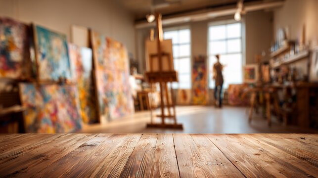 art studio interior empty wooden table foreground blurred artist workshop background painting easels natural light
