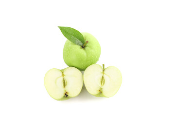 Fresh Green Apple with Leaf and Sliced Halves Display on White Background