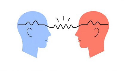 Two stylized human heads face each other, connected by a wavy line, symbolizing mirror neurons , communication or connection of thoughts and ideas