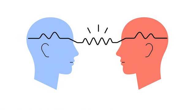 Two stylized human heads face each other, connected by a wavy line, symbolizing mirror neurons , communication or connection of thoughts and ideas