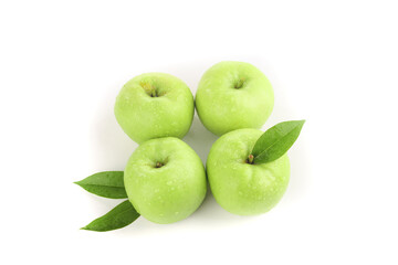 Fresh Shaanxi Green Apples with Leaves - Mouthwatering Healthy Fruit on White Background